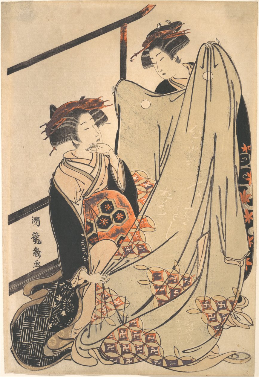 Dos bellezas mirando un kimono de Isoda Koryusai