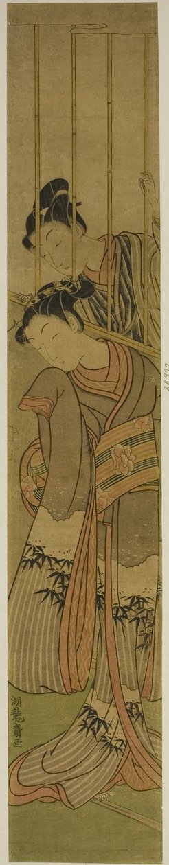 Joven admirando a una chica a través de una ventana enrejada de Isoda Koryusai