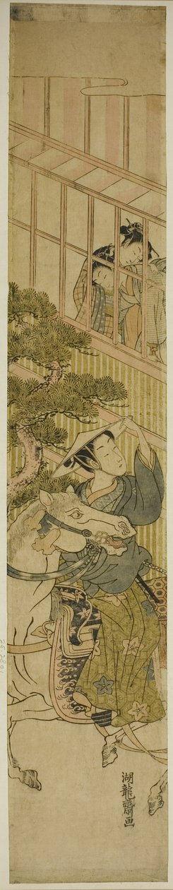 Joven a caballo y dos mujeres mirando desde una ventana de Isoda Koryusai