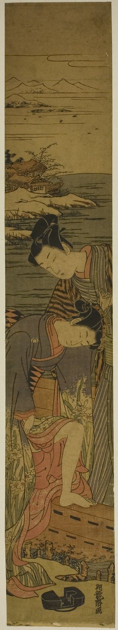Una joven deja caer su geta mientras sube a un barco de Isoda Koryusai