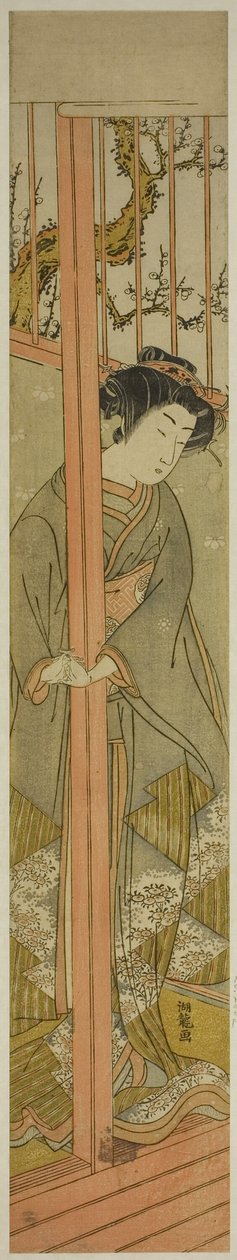 Joven mujer mirando desde un salón de Isoda Koryusai
