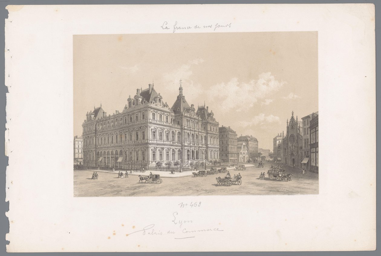 Vista del Palais de la Bourse en Lyon Lyon. Palacio de Comercio Francia contemporánea (título de la serie) La France de nos jours (título de la serie) de Isodore Laurent Deroy