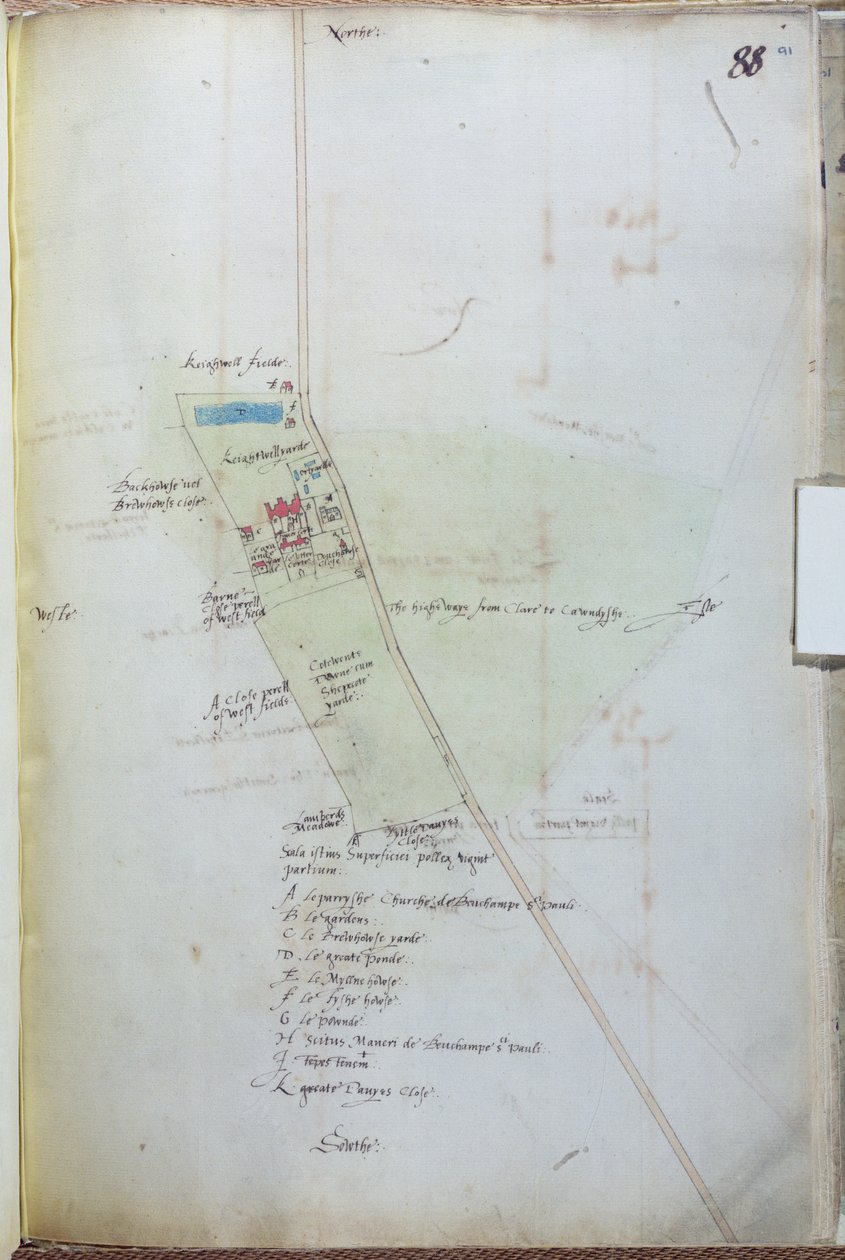 Mapa del pueblo de Belchamp St. Paul, 1576 de Israel Amyce