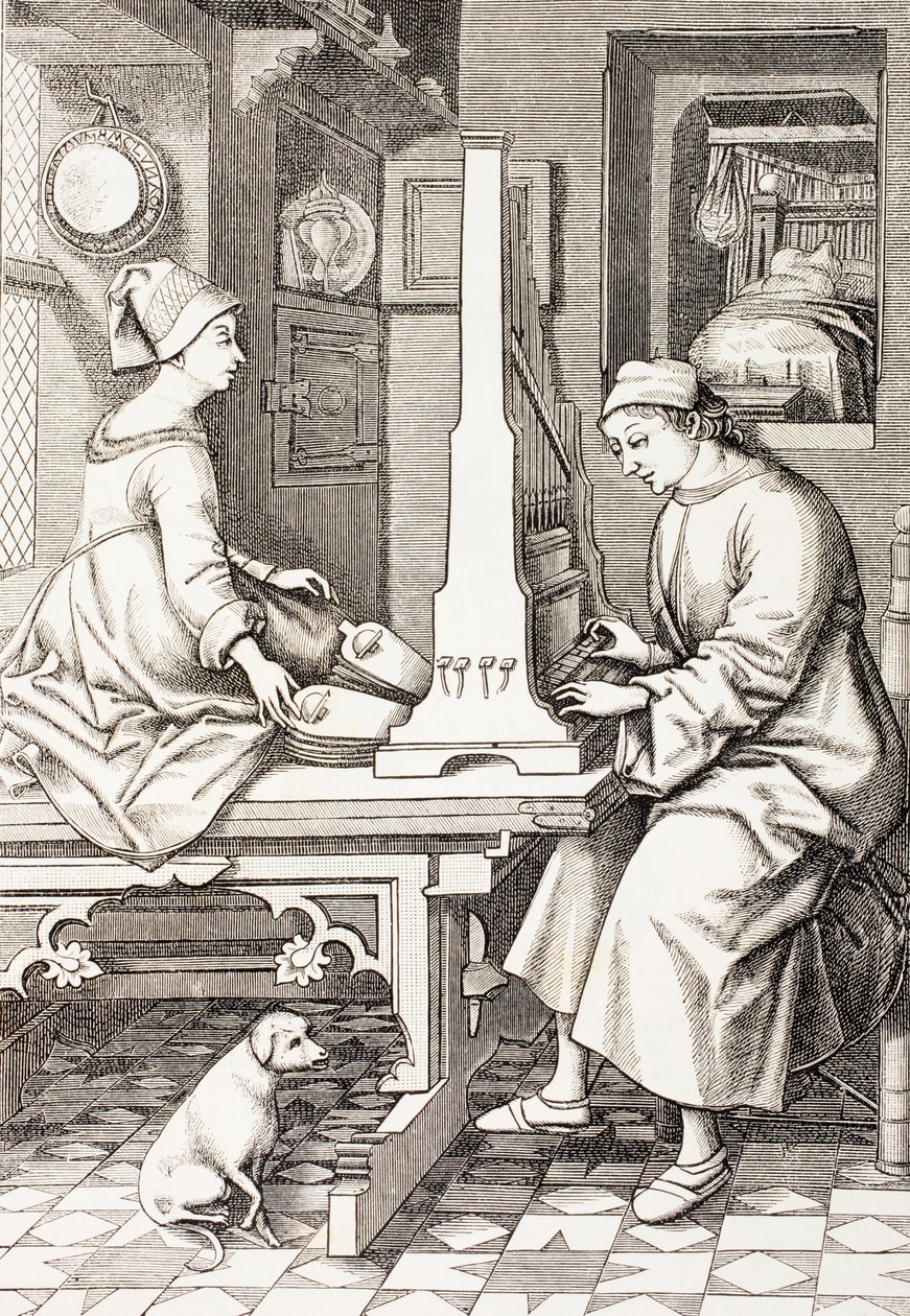 Músico alemán tocando un órgano portátil, de 