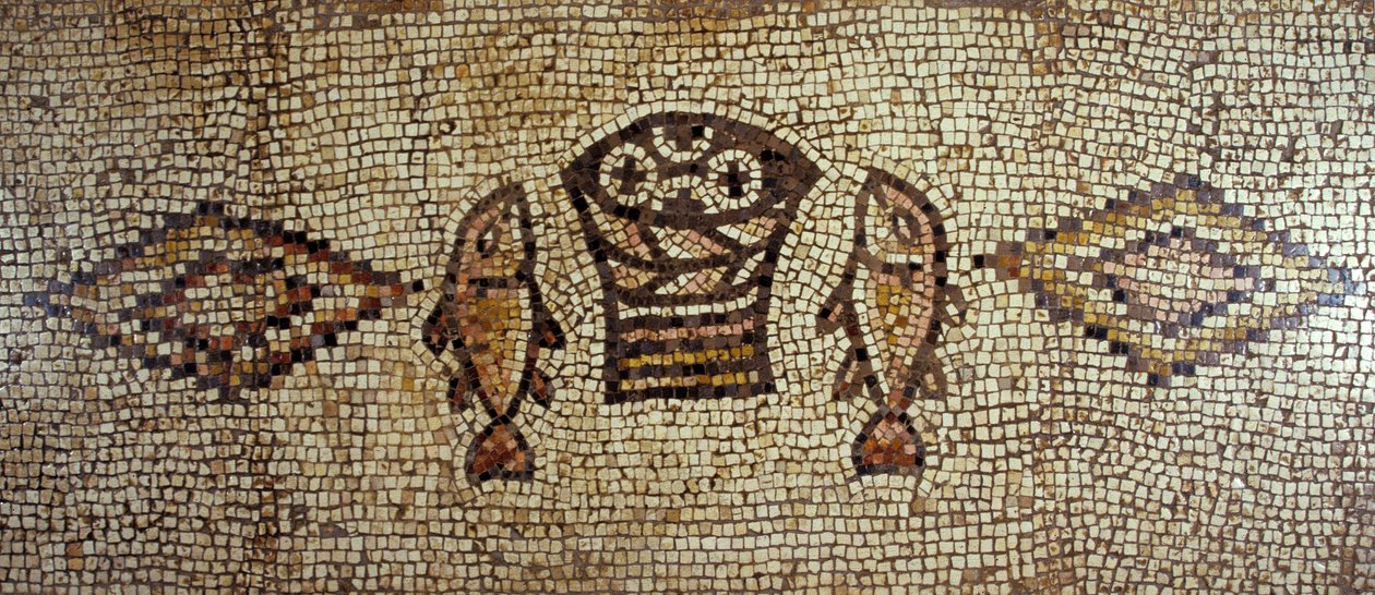 Mosaico bizantino que representa peces y panes de Israeli School