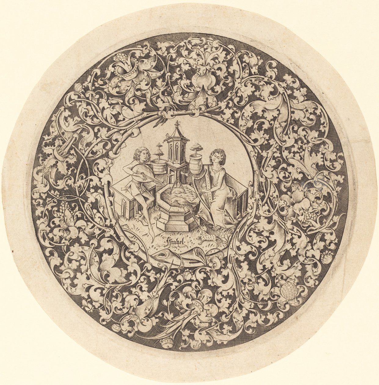 Ornamento circular con músicos tocando cerca de un pozo de Israhel van Meckenem