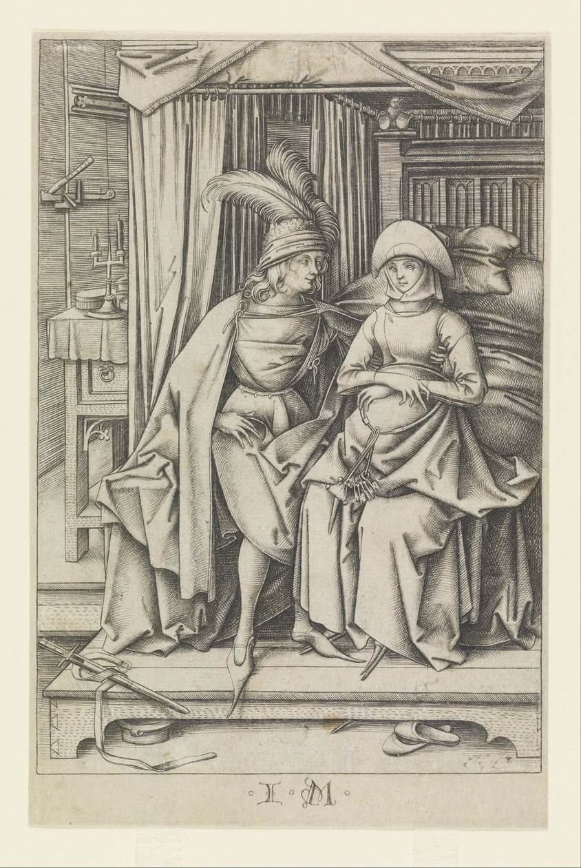 Pareja sentada en una cama, de Escenas de la vida cotidiana de Israhel van Meckenem