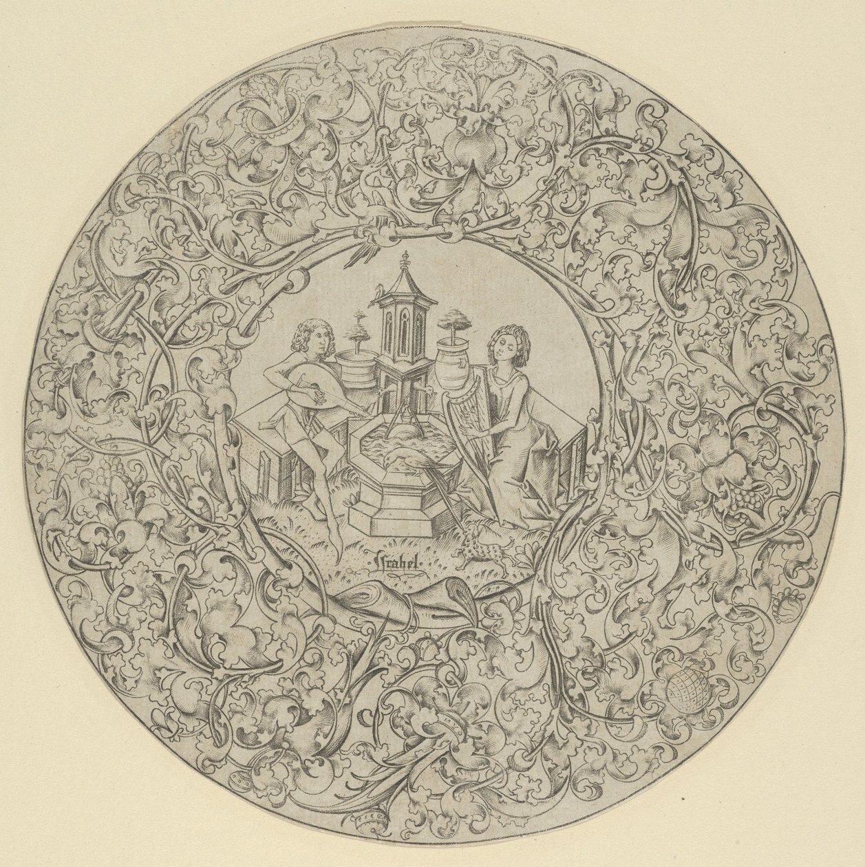 Jardín del amor, dentro de un gran marco circular ornamentado de Israhel van Meckenem