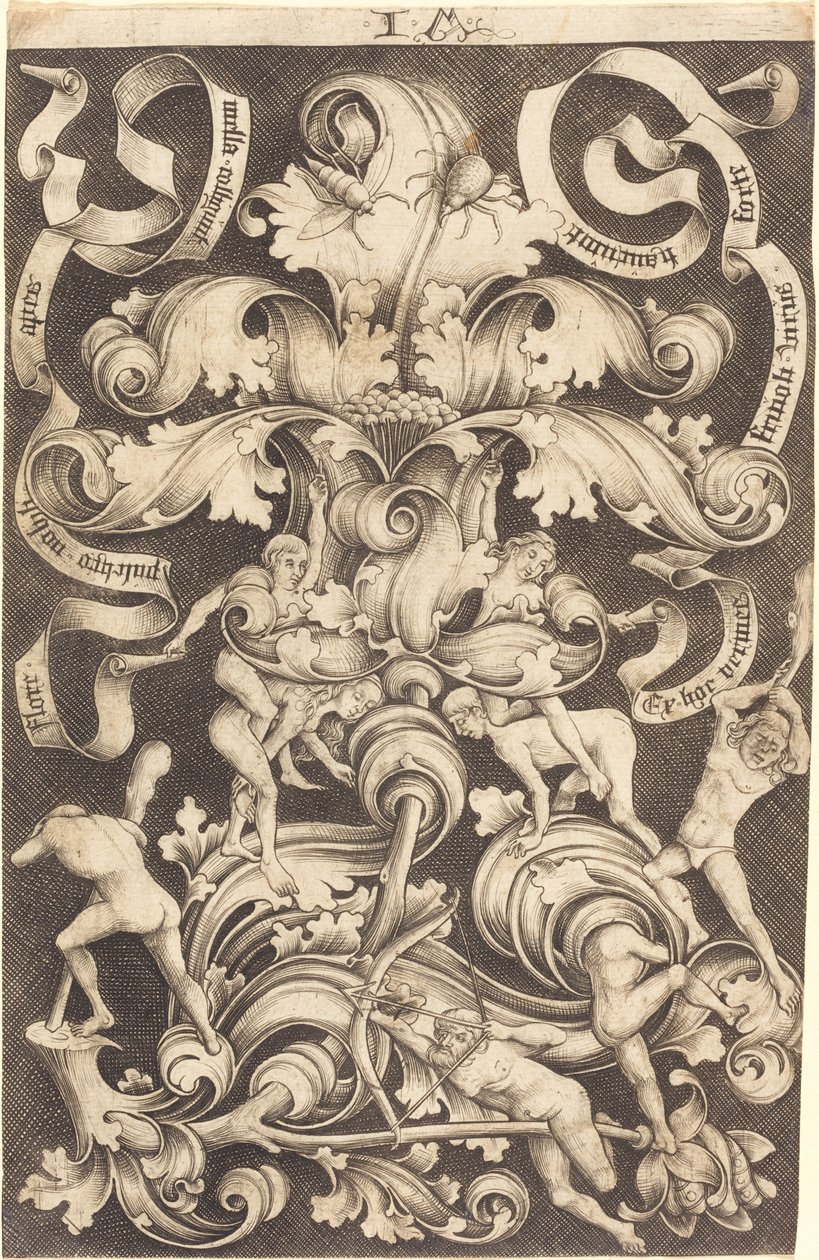 Ornamento con flor y ocho personas salvajes de Israhel van Meckenem