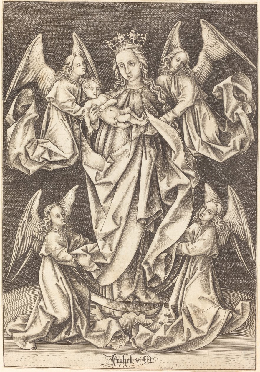 La Madonna y el Niño en la Media Luna Sostenidos por Cuatro Ángeles de Israhel van Meckenem