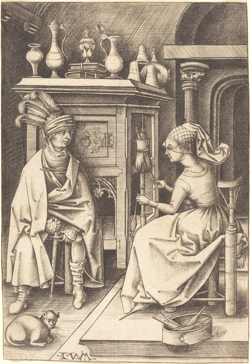 La visita a la hilandera, c. 1495-1503 de Israhel van Meckenem