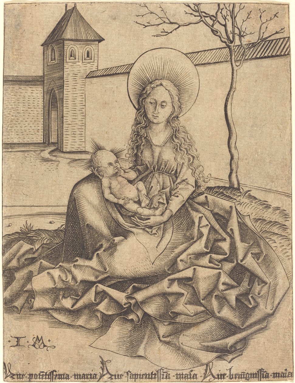 Virgen y niño en un patio de Israhel van Meckenem after Martin Schongauer
