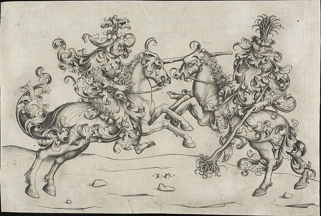 Combate de dos salvajes a caballo de Israhel van Meckenem the younger