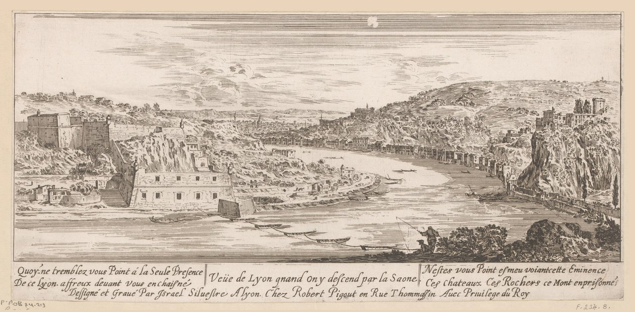 Vista de Lyon en un recodo del Saona Veue de Lyon quand on y descend par la Saone (título sobre objeto) de Israël Silvestre
