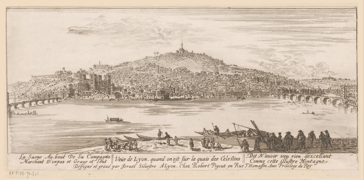Vista de Lyon desde el banco del Monasterio Celestino Veue de Lyon quand on est sur les quais des Celestins (título sobre el objeto) de Israël Silvestre