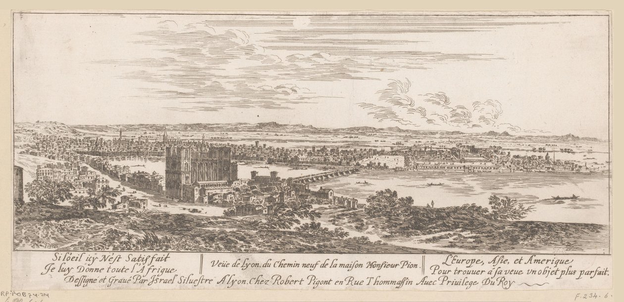 Vista de Lyon desde la casa del Sr. Pion Veue de Lyon du Chemin neuf de la maison Monsieur Pion (título sobre el objeto) de Israël Silvestre