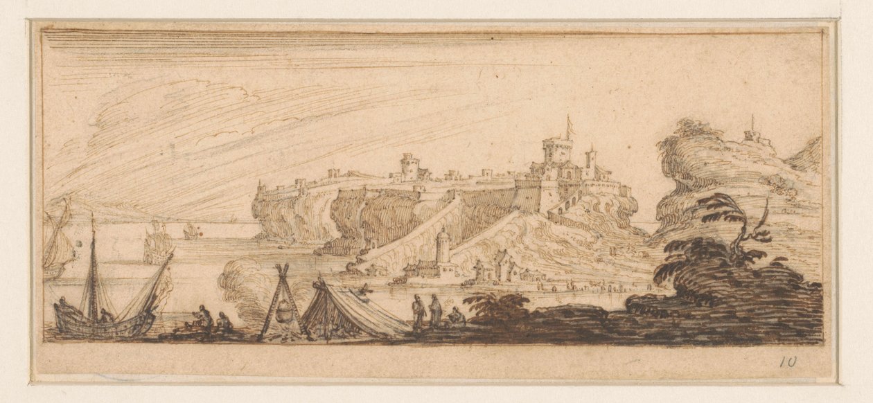 Vista de la costa con una carpa abierta y pescadores
Diseños para una serie de impresiones con paisajes costeros (título de la serie) de Israël Silvestre