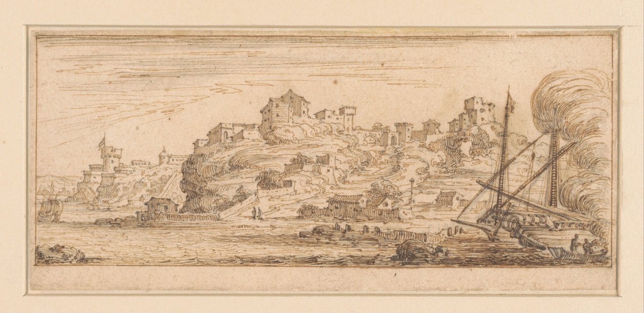 Vista de la costa con un barco en reparación a la derecha
Diseños para una serie de impresiones con paisajes costeros (título de la serie) de Israël Silvestre