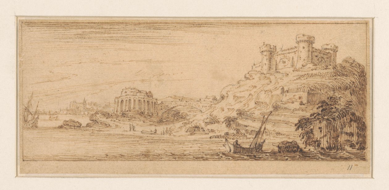 Vista de la costa con un patrón en un velero a la derecha
Diseños para una serie de impresiones con paisajes costeros (título de la serie) de Israël Silvestre