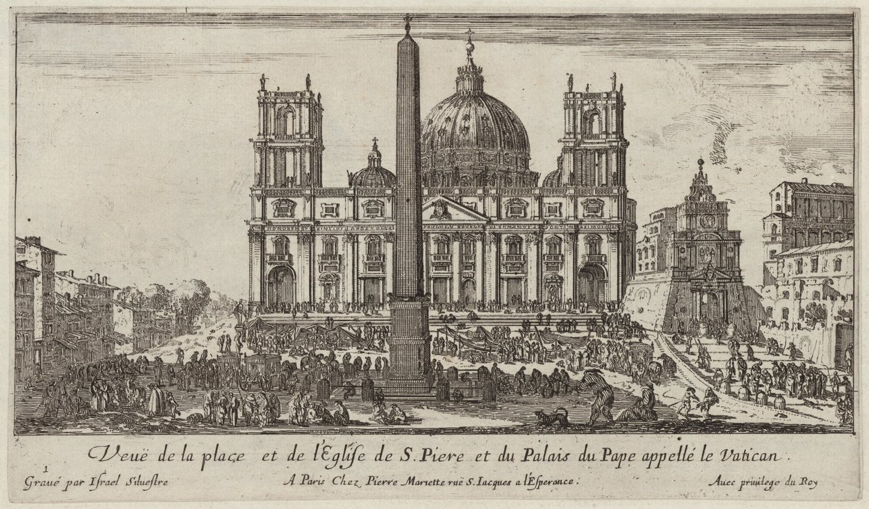 Vista de la plaza y la iglesia de San Pedro y el Palacio del Papa llamado el Vaticano de Israël Silvestre