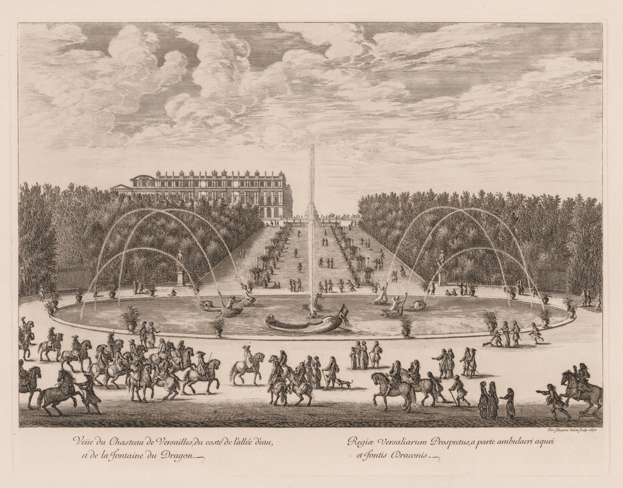 Vista del Castillo de Versalles, del lado del callejón y la fuente del Dragón, 1676 de Israël Silvestre