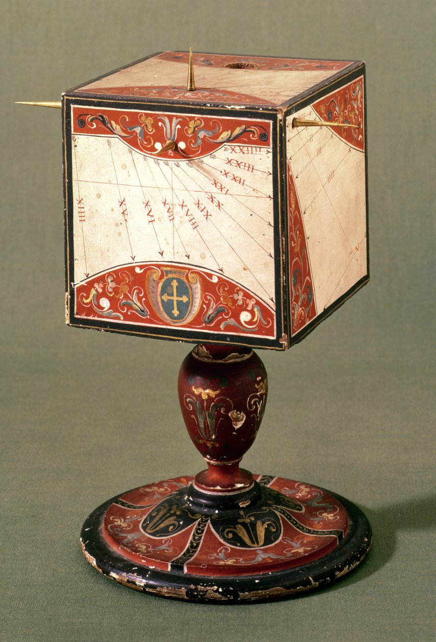 Reloj de sol cúbico que muestra la hora en sistemas antiguos italianos, babilónicos y judíos, florentino, c.1560 de Italian School