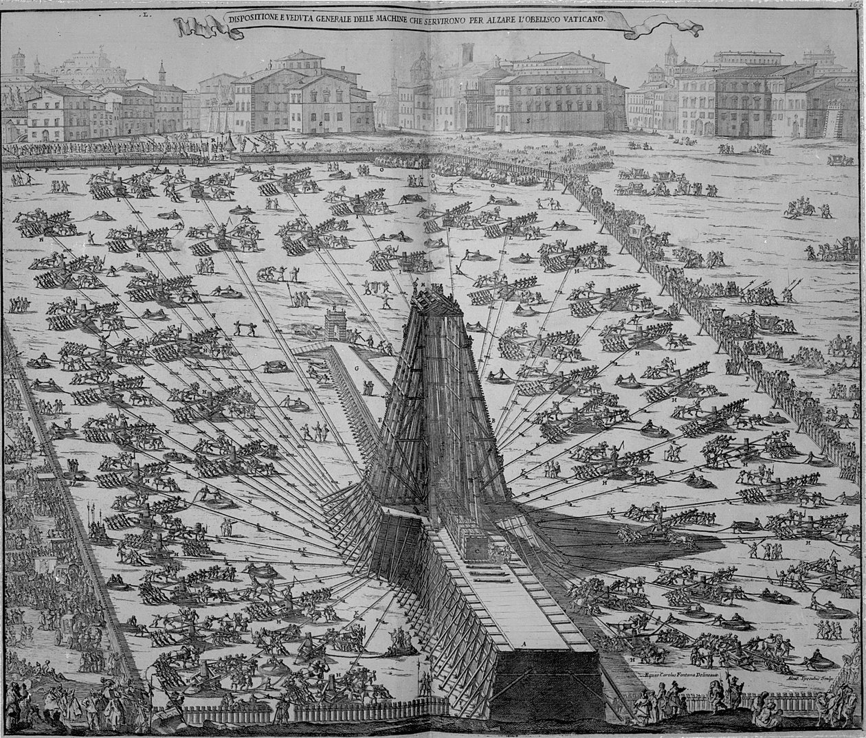 Erigiendo el obelisco egipcio antiguo en la Plaza de San Pedro, Roma, grabado por Niccola Zabaglia de Italian School