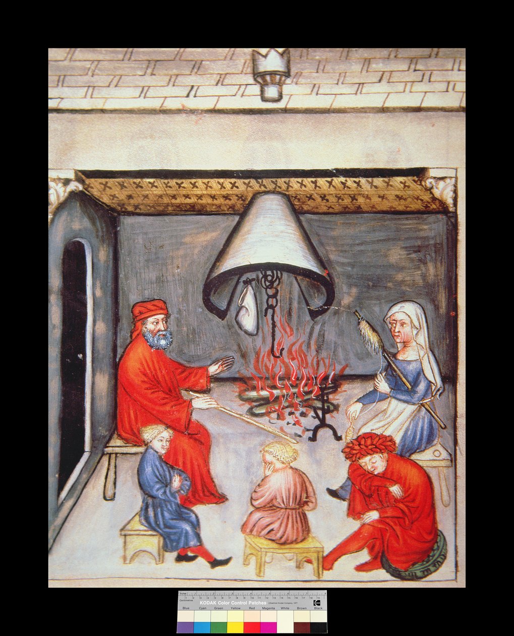 Conversación frente al fuego, ilustración de Tacuinum Sanitatis Codex Vindobonensis de Italian School