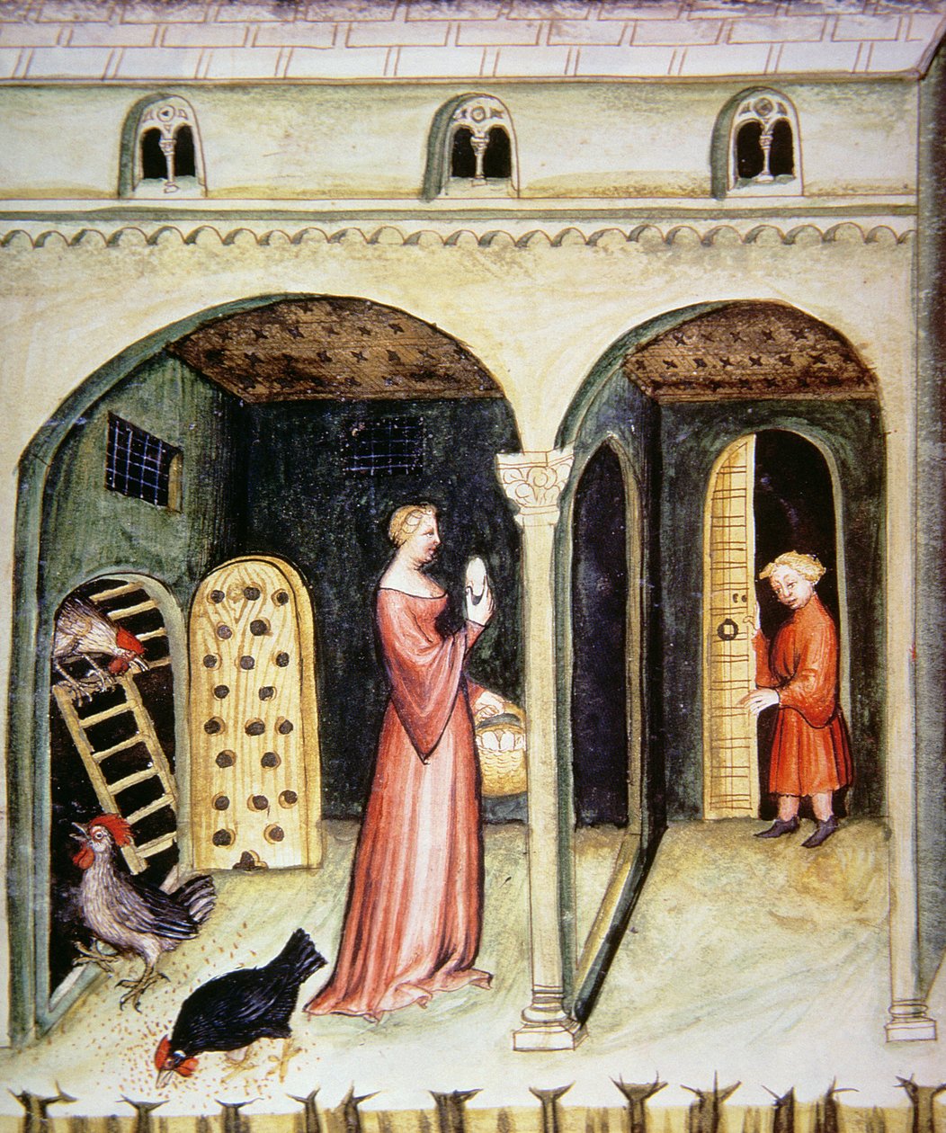 Crianza de gallinas, ilustración de Tacuinum Sanitatis Codex Vindobonensis de Italian School