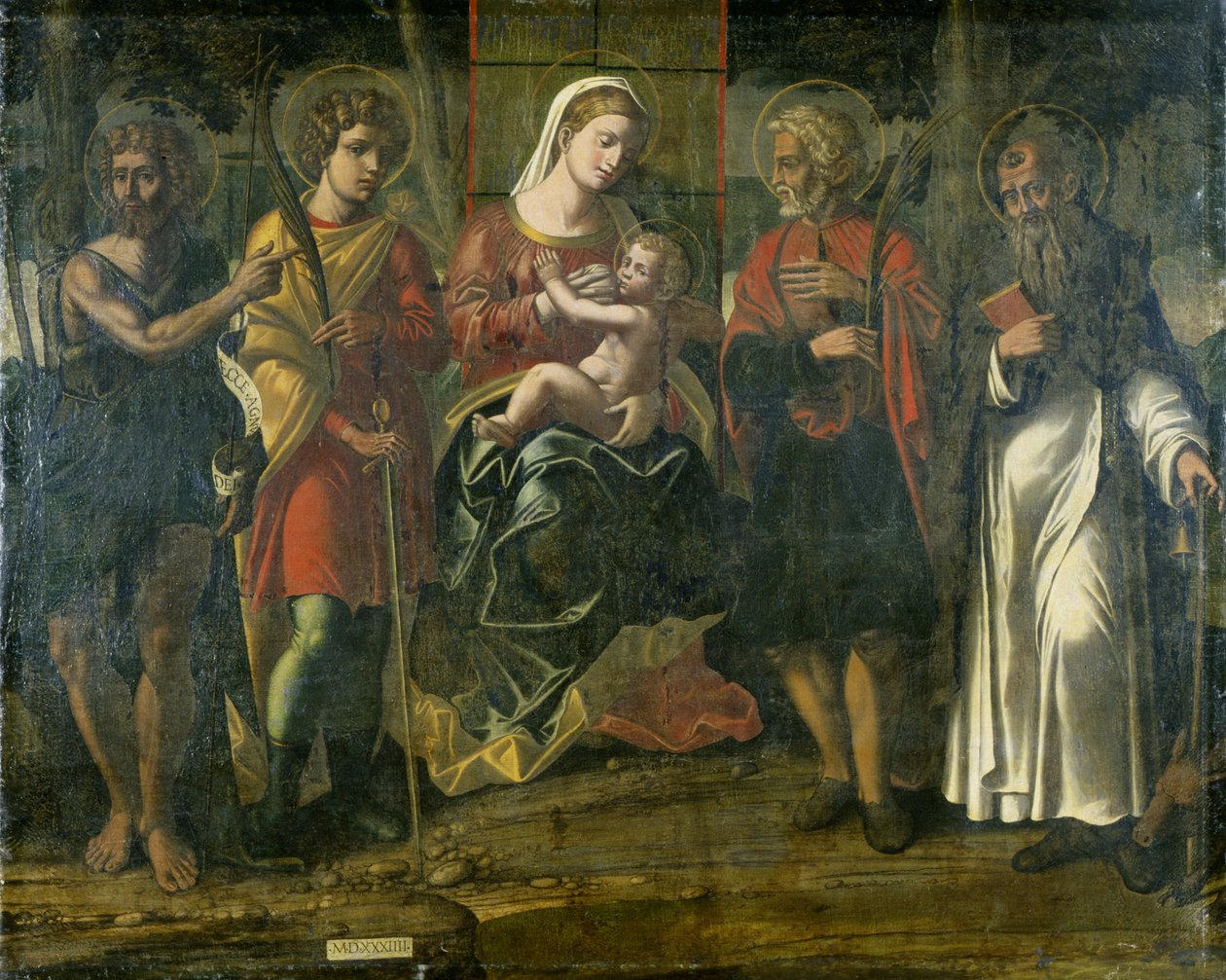 Madonna y Niño con San Juan Bautista, San Antonio y otros santos de Italian School