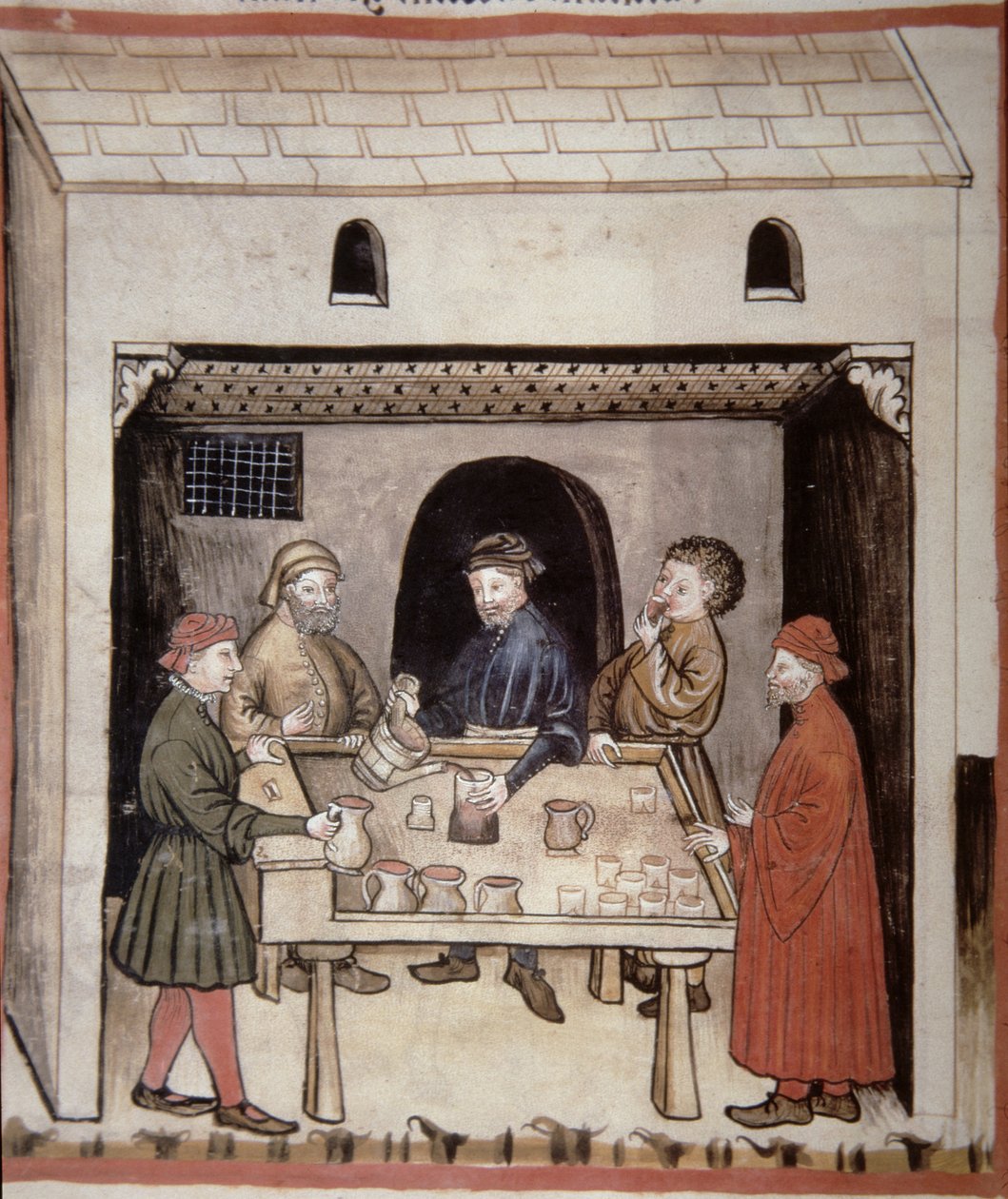 Nova 2644 f.87r Probando vino tinto, del Tacuinum Sanitatis Codex Vindobonensis de Italian School