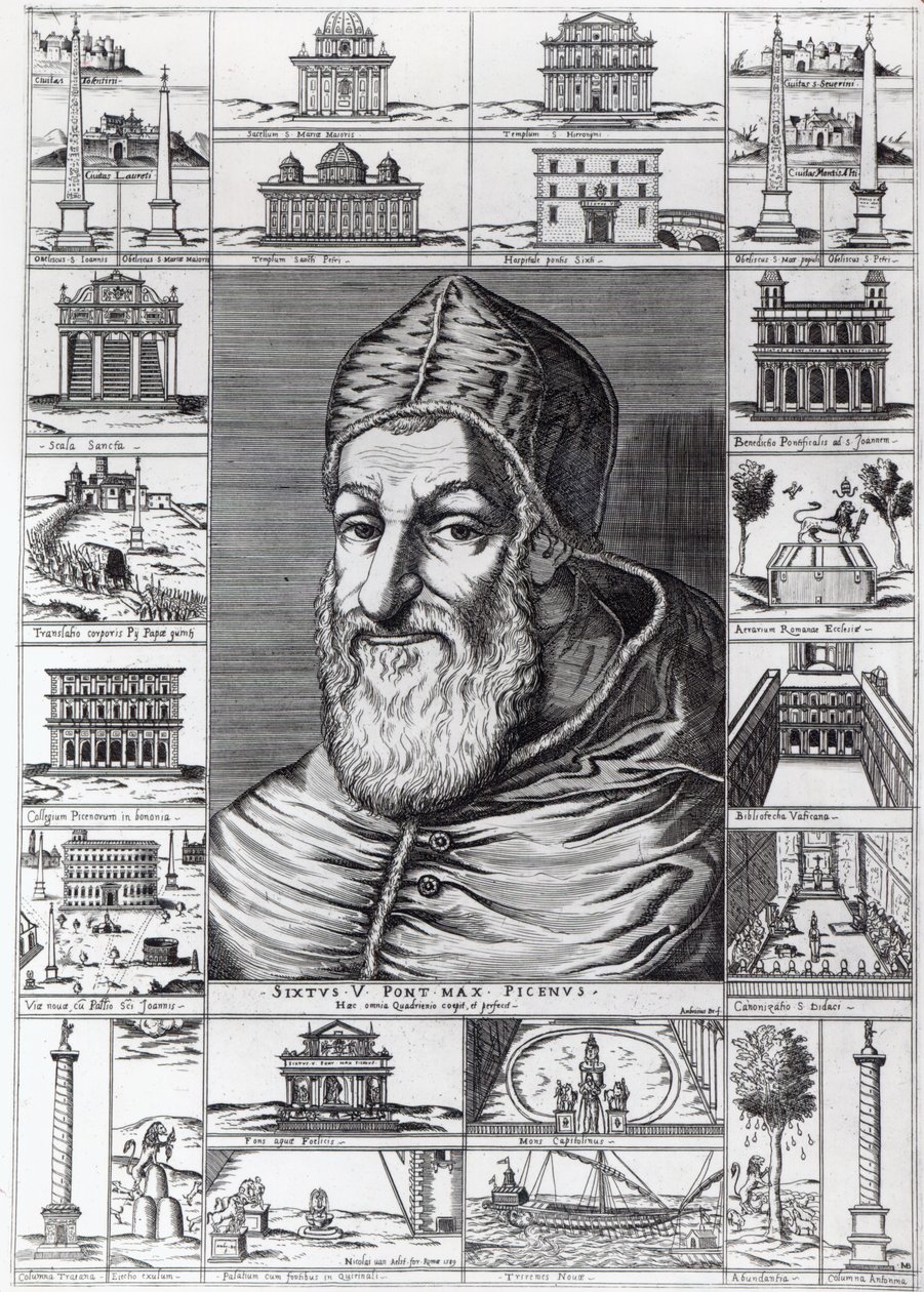 Papa Sixto V, rodeado de las iglesias, edificios y monumentos construidos o restaurados durante su pontificado, grabado por Ambrosius, 1589 de Italian School