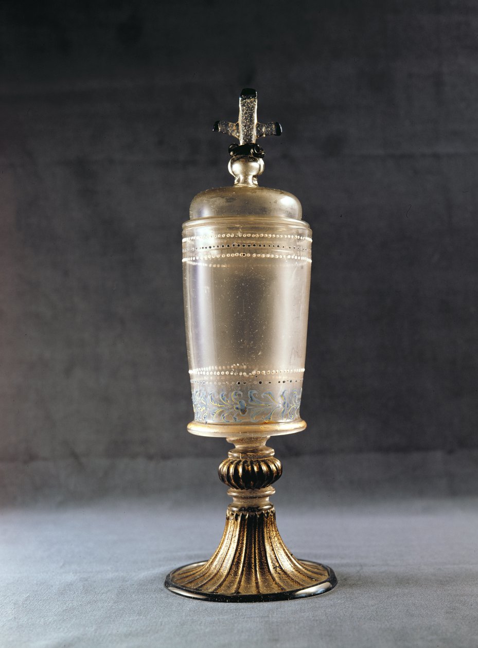 Relicario rociado con decoración esmaltada en oro, veneciano, finales del siglo XV o principios del siglo XVI (vidrio de cristallo) de Italian School