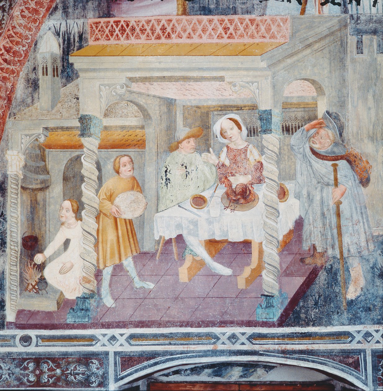 San Jaime entrando en una casa durante una comida, de la historia de San Jaime de Italian School