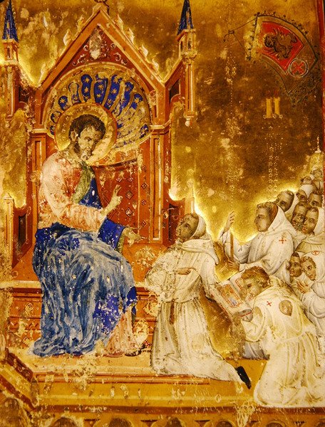 Los hermanos presentan la regla a San Marcos, de una Mariegola de la cofradía laica de San Marcos, c.1350 de Italian School