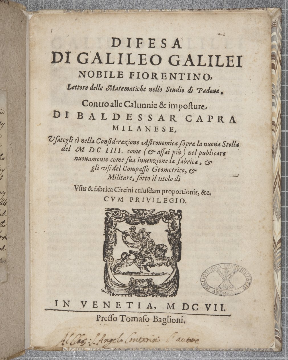 Página de título de Difesa, por Galileo, 1607 de Italian School