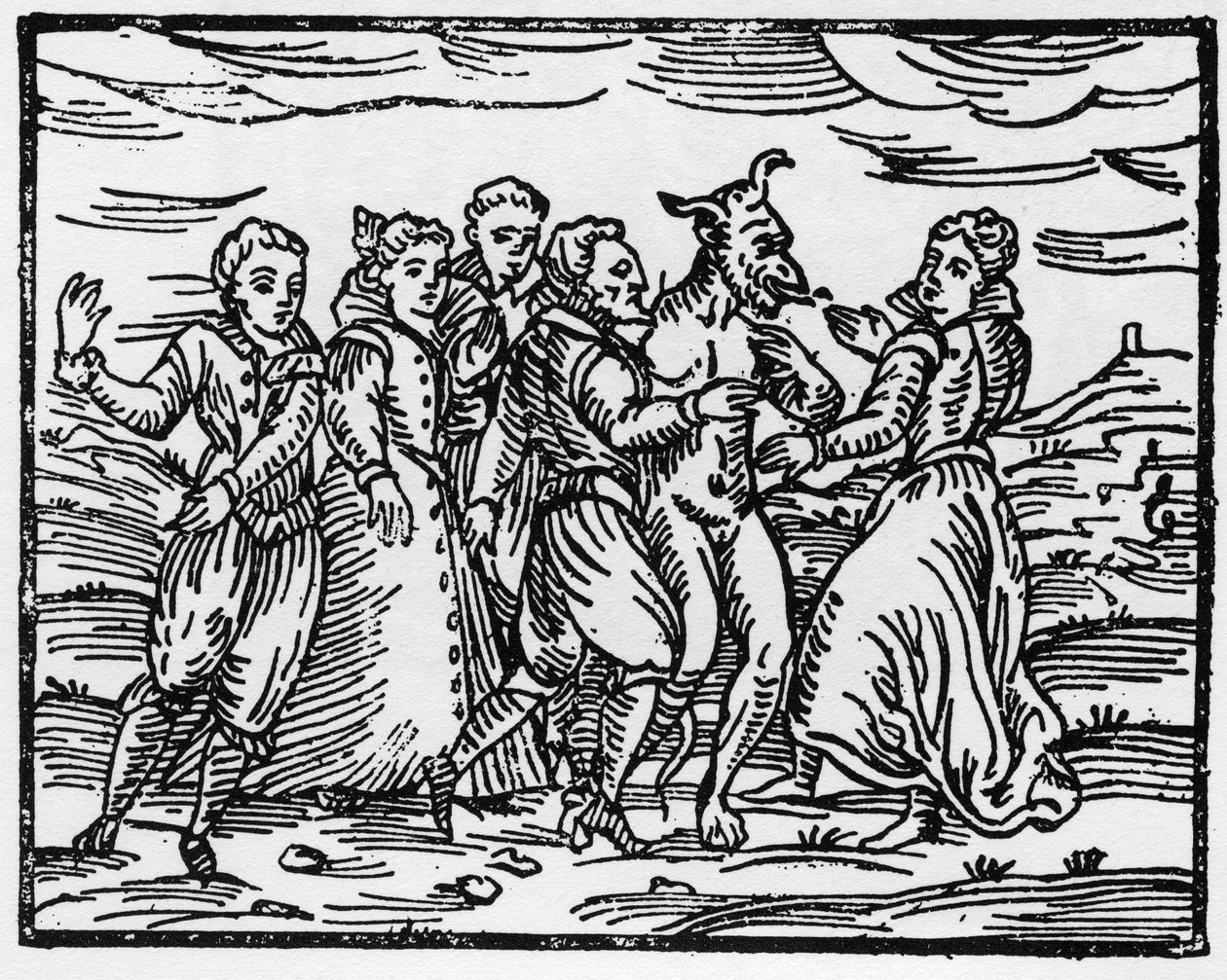 Brujas bailando con el Diablo, ilustración del Compendium Maleficarum de Francesco Maria Guazzo, 1608 de Italian School