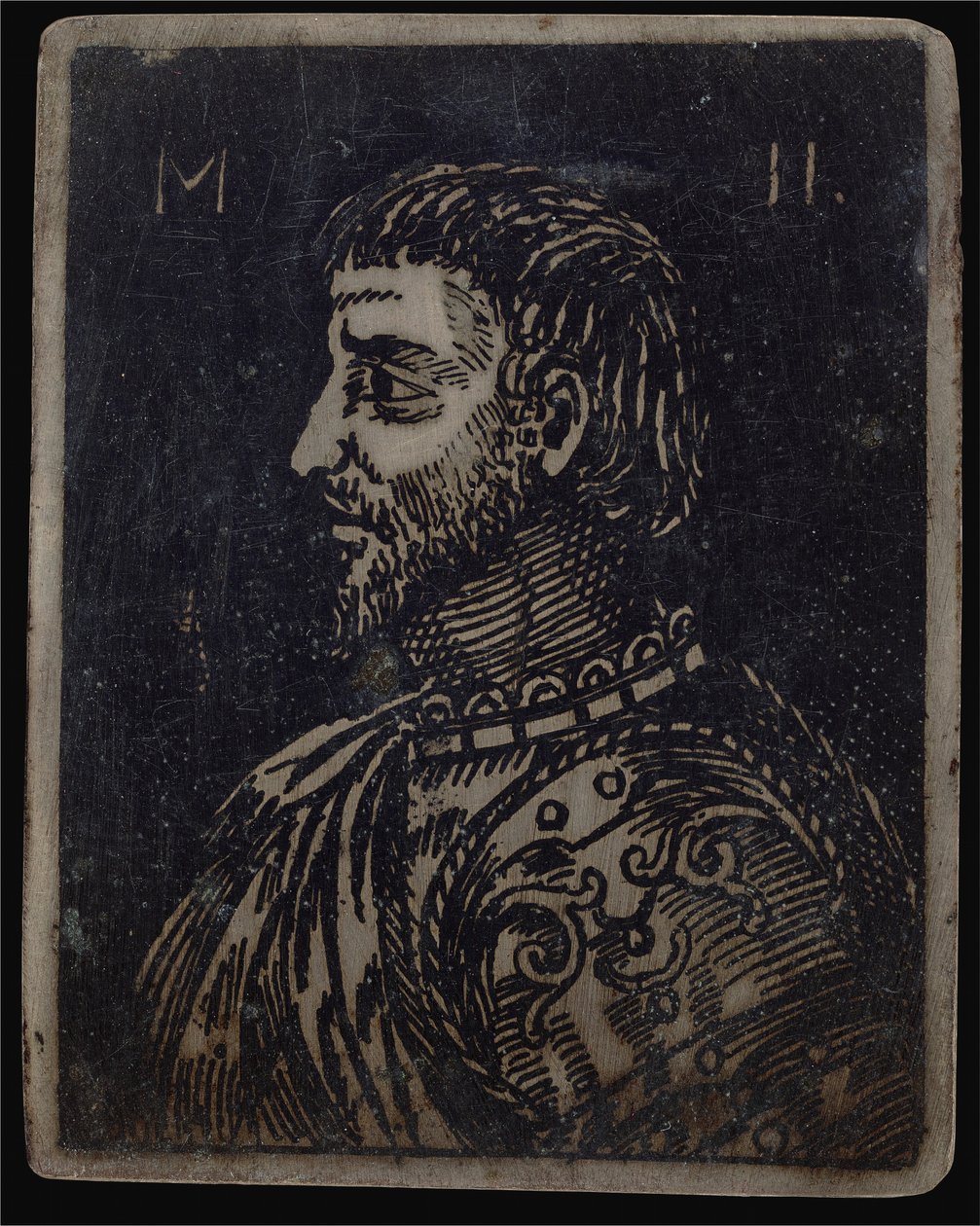 Busto de un hombre barbudo con peto ornamentado mirando a la izquierda de Italian 16th Century