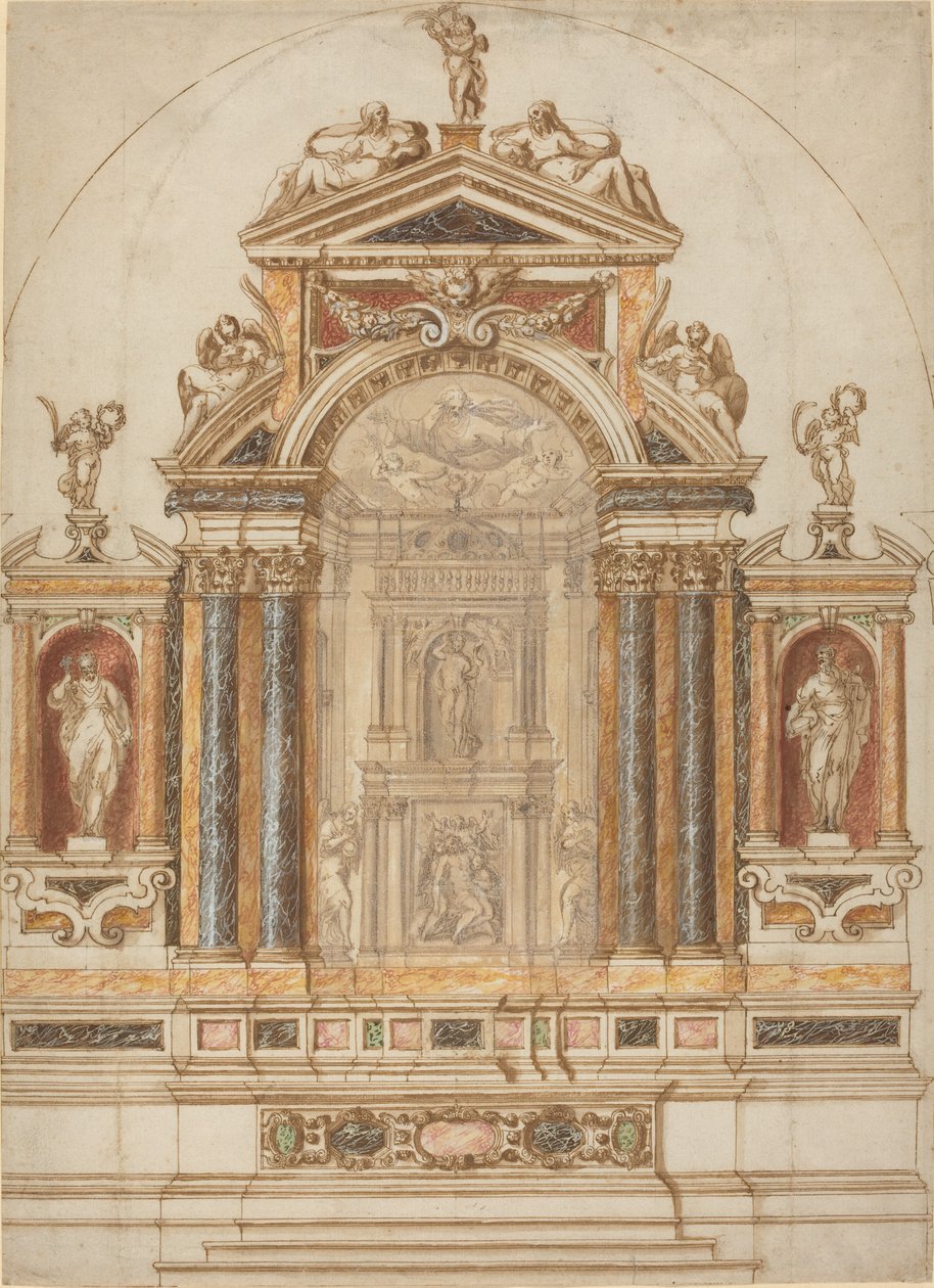 Un altar elaborado de mármol coloreado ornamentado con esculturas de Italian 17th Century