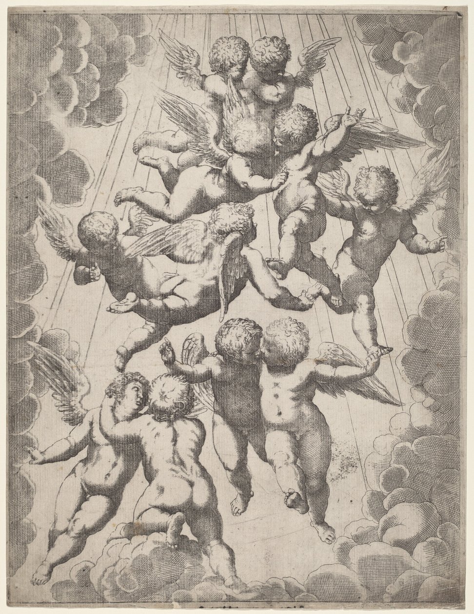 Un grupo de ángeles en gloria de Italian 17th Century, after Guido Reni, after Luca Cambiaso