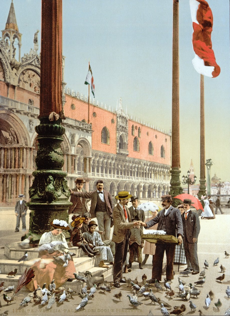 Alimentando a las palomas en la Plaza de San Marcos, Venecia, c.1900 de Italian Photographer
