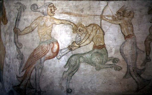 Una batalla entre sátiros y otras criaturas mitológicas de Italian School