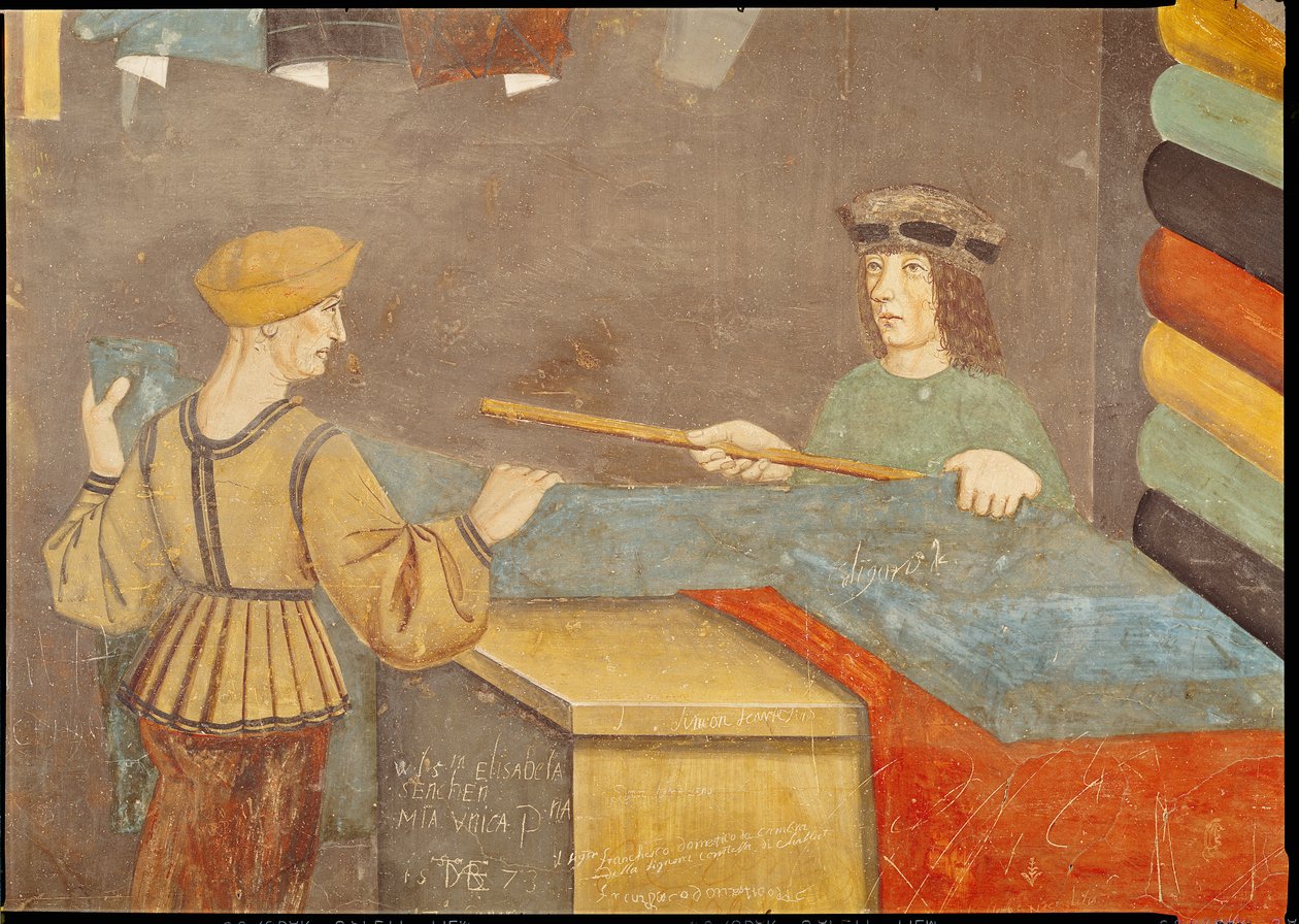 Un comerciante de telas midiendo telas (fresco) de Italian School