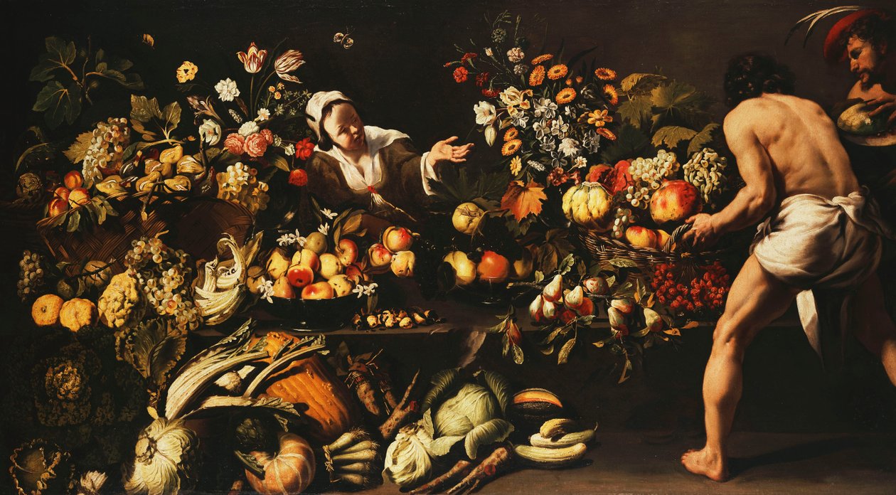 Una despensa con verduras, flores y frutas de Italian School