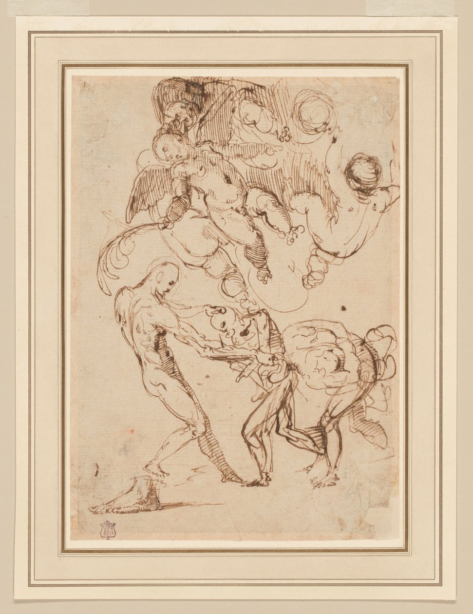 Estudio de figuras masculinas atadas siendo maltratadas, y varios putti, uno sosteniendo una palma de Italian School