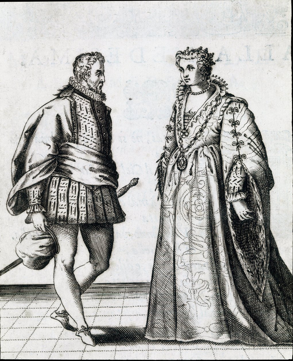 Una pareja de la nobleza italiana. Grabado de Il ballarino sobre la danza del maestro de baile Fabritio Caroso (1527/1535-1605/1620) 1581. Civico Museo Biblioteca Musicale, Bolonia de Italian School