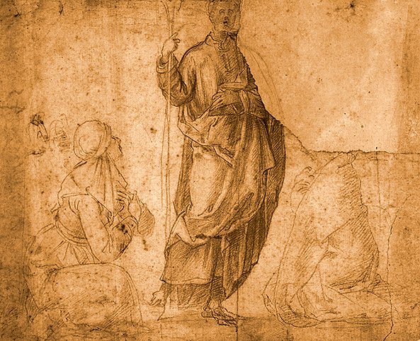 Un santo con dos mujeres arrodilladas (tiza roja sobre papel) de Italian School
