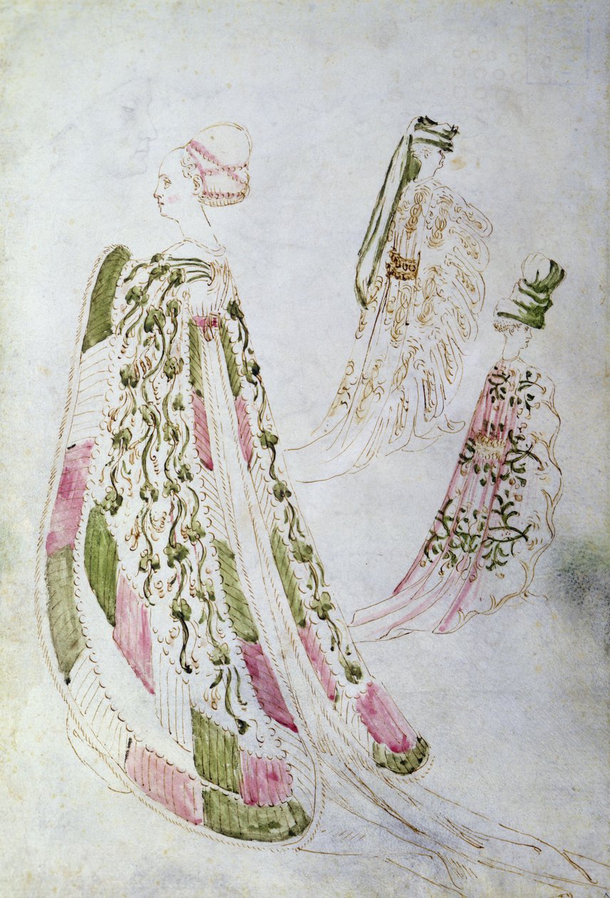 Una mujer y dos hombres con abrigos largos, c.1450 (tinta y acuarela sobre papel) de Italian School