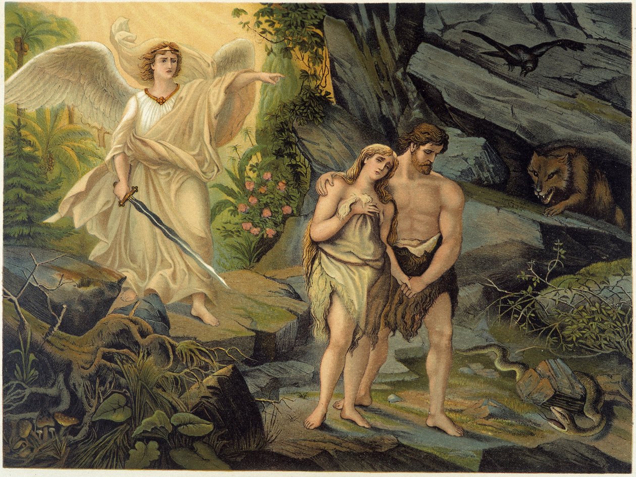 Adán y Eva expulsados del Paraíso terrenal (Edén) por el Arcángel - en "Aurea Bibbia classica: historia de la revelación divina en el antiguo y nuevo testamento" de Giovanni Ladislao Sykora (vol. 1), traducido por Don Clemente Benetti. (Biblia italiana) de Italian School