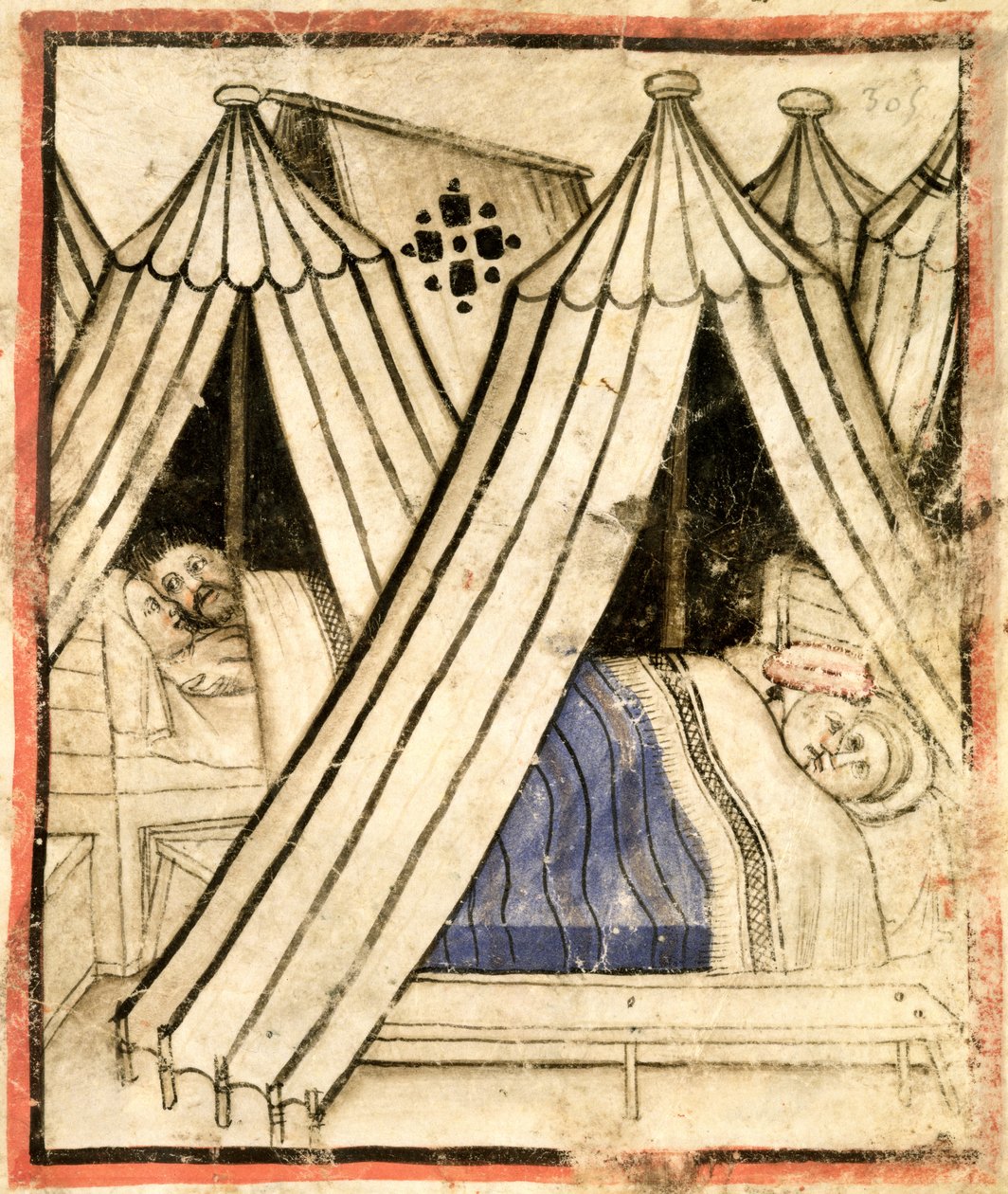 Añadir 15277 f.51 Los israelitas se entregan a la inmoralidad sexual con las mujeres moabitas en sus tiendas, c.1350-99 (vitela) de Italian School